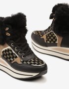  Adidași Negri cu platformă cu inserții metalice și blană Miavora