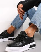  Adidași Negri cu Platformă din Piele Ecologică cu Cusături și Șireturi Celende