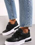  Adidași Negri cu Platformă din Piele Ecologică cu Cusături și Șireturi Celende