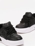  Adidași Negri cu Platformă din Piele Ecologică cu Cusături și Șireturi Celende