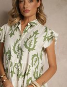 ainuosi Rochie Tip Cămașă Verde din In și Viscoză cu Croială Evazată Aranese