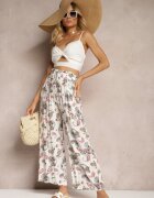 airisa Pantaloni Alb și Roz din Bumbac Stil Palazzo Boho cu elastic în talie și talie înaltă Pravia