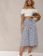 airisa Pantaloni albaștri cu picioare largi talie înaltă din bumbac cu curea și elastic în talie Drosofia