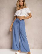 airisa Pantaloni Albastri Palazzo cu Talie Înaltă din Bumbac cu Elastic în Talie Nellsea
