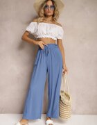 airisa Pantaloni Albastri Palazzo cu Talie Înaltă din Bumbac cu Elastic în Talie Nellsea