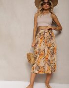 airisa Pantaloni Bej Talie Înaltă cu Picioare Largi cu Elastic în Talie și Curea din Material Berlefia