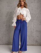 airisa Pantaloni bleumarin din bumbac tip Palazzo cu talie înaltă cu elastic în talie Nelsaria