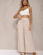 airisa Pantaloni culotte bej din bumbac largi High Waist cu elastic în talie Evitaes