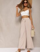 airisa Pantaloni culotte bej din bumbac largi High Waist cu elastic în talie Evitaes