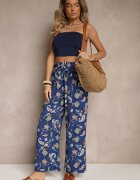 airisa Pantaloni Din bumbac Albastri Boho Stil palazzo Cu elastic în talie și Talie înaltă Pravia