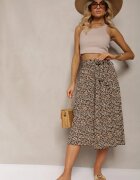 airisa Pantaloni palazzo negru-bej plisati cu talie inalta cu centura din material și elastic în talie Isefia