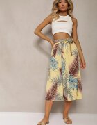 airisa Pantaloni Plisați Galbeni cu Crăci Lărgi Talie Înaltă cu Elastic în Talie Alfia