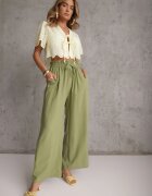 airisa Pantaloni verde deschis din bumbac tip Palazzo cu talie înaltă cu elastic în talie Nelsaria