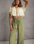 airisa Pantaloni verde deschis din bumbac tip Palazzo cu talie înaltă cu elastic în talie Nelsaria