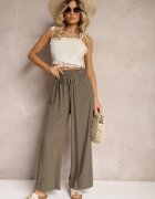 airisa Pantaloni Verde închis din Bumbac Talie înaltă cu crac larg și elastic în talie Clisea