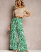 airisa Pantaloni Verzi Din Bumbac Boho Stil Palazzo cu Elastic în Talie și Talie Înaltă Pravia