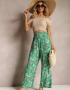 airisa Pantaloni Verzi Din Bumbac Boho Stil Palazzo cu Elastic în Talie și Talie Înaltă Pravia