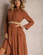 airisa Rochie Evazată Maro din bumbac stil cămașă Canidre