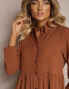 airisa Rochie Evazată Maro din bumbac stil cămașă Canidre