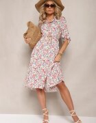 airisa Rochie Evazată Midi Alb-Roz din Bumbac Decorată cu flori Menomia