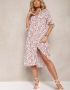 airisa Rochie Evazată Midi Alb-Roz din Bumbac Decorată cu flori Menomia