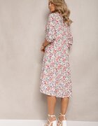 airisa Rochie Evazată Midi Alb-Roz din Bumbac Decorată cu flori Menomia