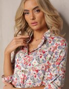 airisa Rochie Evazată Midi Alb-Roz din Bumbac Decorată cu flori Menomia
