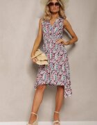 airisa Rochie florală bej și bordeaux din bumbac cu decolteu petrecut și croială evazată Crosa
