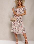 airisa Rochie Midi Alb-Roz Hispanka din Bumbac cu Model Floral Assetni