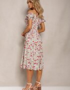 airisa Rochie Midi Alb-Roz Hispanka din Bumbac cu Model Floral Assetni