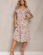 airisa Rochie Midi Alb-Roz Hispanka din Bumbac cu Model Floral Assetni