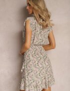 airisa Rochie Scurtă Gri-Roz din Bumbac cu Imprimeu Floral cu Elastic în Talie Hineoria