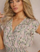 airisa Rochie Scurtă Gri-Roz din Bumbac cu Imprimeu Floral cu Elastic în Talie Hineoria