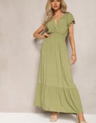 airisa Rochie Verde Evazată Maxi din Bumbac cu Croială Petrecută Asmerie