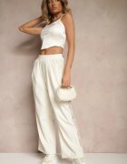 alina Pantaloni Largi Bej deschis din bumbac High Waist Decorați cu dantelă Efandiela