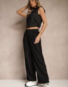 alina Pantaloni Largi Negri din Bumbac High Waist Decorați cu Dantelă Efandiela