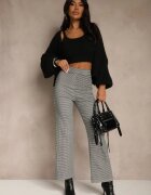 alina Pantaloni Negru-Alb din Bumbac cu Croială Largă Talie Înaltă cu Model în Carouri Alimuna