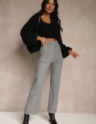 alina Pantaloni Negru-Alb din Bumbac cu Croială Largă Talie Înaltă cu Model în Carouri Alimuna