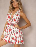 allyson Alb-Roșie Rochie cu Volane și Legare la Gât cu Model Floral Wirivia