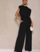 allyson Ansamblu Negru Bluză cu Perne pe Umeri și Pantaloni Drepți cu Elastic în Talie Divanes