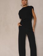 allyson Ansamblu Negru Bluză cu Perne pe Umeri și Pantaloni Drepți cu Elastic în Talie Divanes