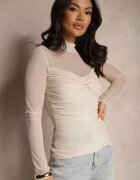allyson Bluză Bej Încrețită din Plasă Longsleeve cu Guler Înalt Zentevin