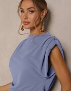 allyson Compleu Albastru Bluză cu Umeri Întăriți și Pantaloni Drepți cu Elastic în Talie Divanes