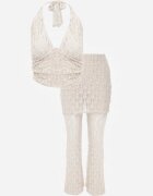 allyson Compleu Bej din Dantelă cu Top Halter și Pantaloni Decorați cu Fustă Integrată Celanix