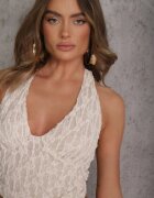 allyson Compleu Bej din Dantelă Fustă și Top cu Legătură la Gât Dainetia