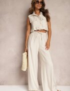 allyson Compleu Bej din Viscoză Pantaloni cu Croială Largă cu Elastic în Talie Bluză cu Buzunare Risellesma