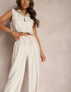 allyson Compleu Bej din Viscoză Pantaloni cu Croială Largă cu Elastic în Talie Bluză cu Buzunare Risellesma