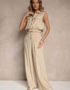 allyson Compleu Bej închis din Viscoză Pantaloni cu Croială Largă cu Elastic în Talie Bluză cu Buzunare Risellesma