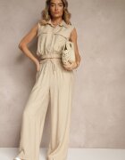 allyson Compleu Bej închis din Viscoză Pantaloni cu Croială Largă cu Elastic în Talie Bluză cu Buzunare Risellesma