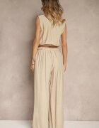 allyson Compleu Bej închis din Viscoză Pantaloni cu Croială Largă cu Elastic în Talie Bluză cu Buzunare Risellesma